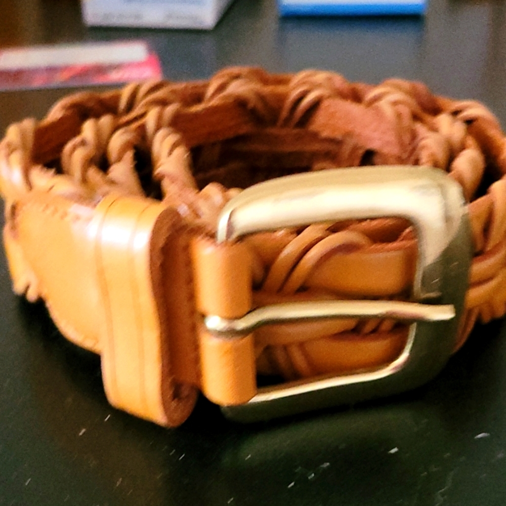 Genuine Leather Woven Braided Tan Neutral Casual 15217 Belt Gold Buckle Size ML